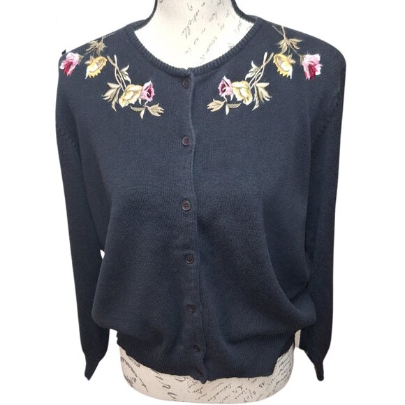 Vintage Knit Cardigan Large 90s Embroidered Floral Boho Cottage Fall Grannycore - Picture 1 of 7